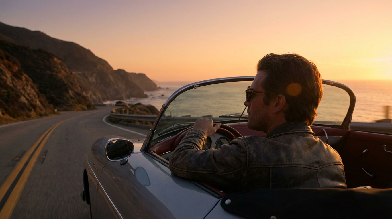 Veo Generated Clip - Cinematic video of man driving car down California coastline